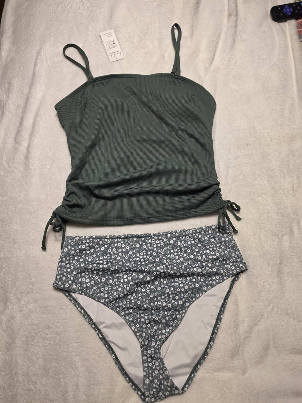Cupshe Forest Green Tankini Top and Floral High-Waist Bikini Bottoms
